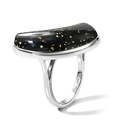 D'Joy Black Murano Style Moon Shape Ring in Rhodium Over Sterling Silver (Size 10.0)
