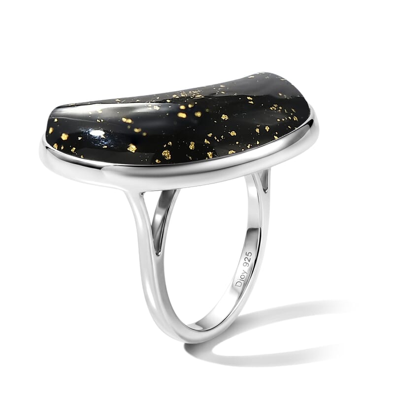 D'Joy Black Italian Genuine Murano with 24K Gold Flakes Moon Shape Ring in Rhodium Over Sterling Silver (Size 10.0)