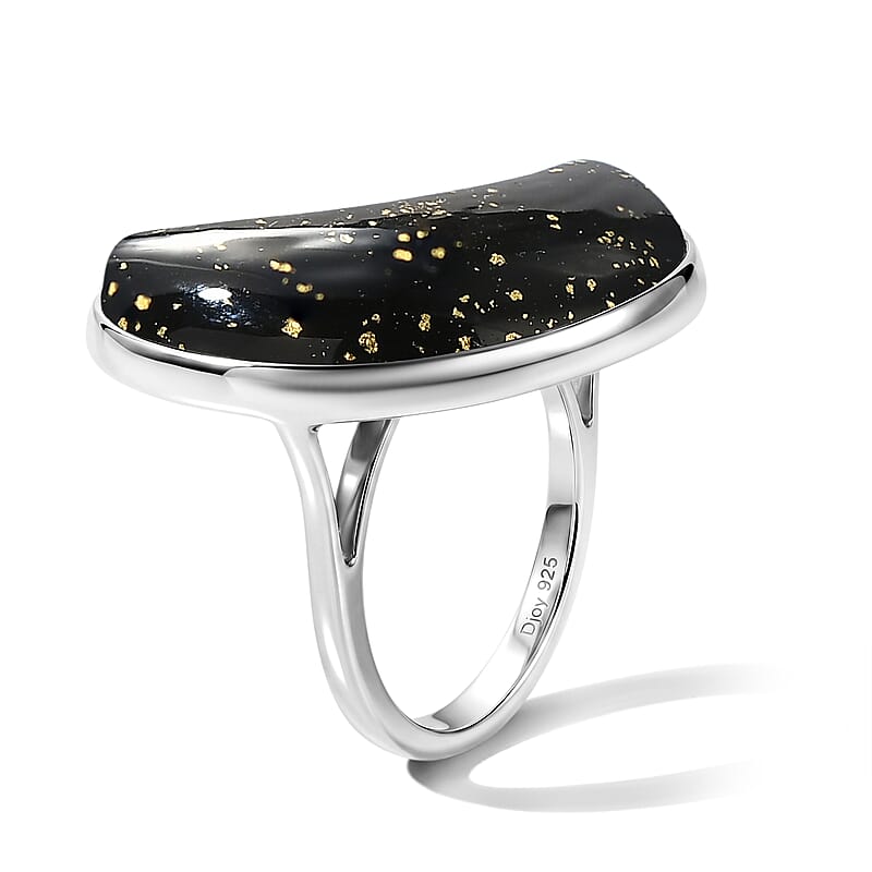 D'Joy Black Murano Style Moon Shape Ring in Rhodium Over Sterling Silver (Size 10.0)