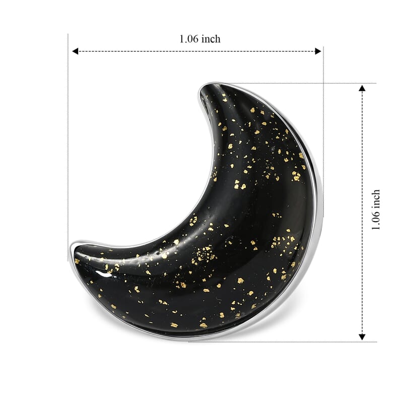 D'Joy Black Italian Genuine Murano with 24K Gold Flakes Moon Shape Ring in Rhodium Over Sterling Silver (Size 10.0)
