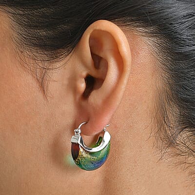 D'Joy Multi Murano Style Cresent Moon Earrings in Rhodium Over Sterling Silver