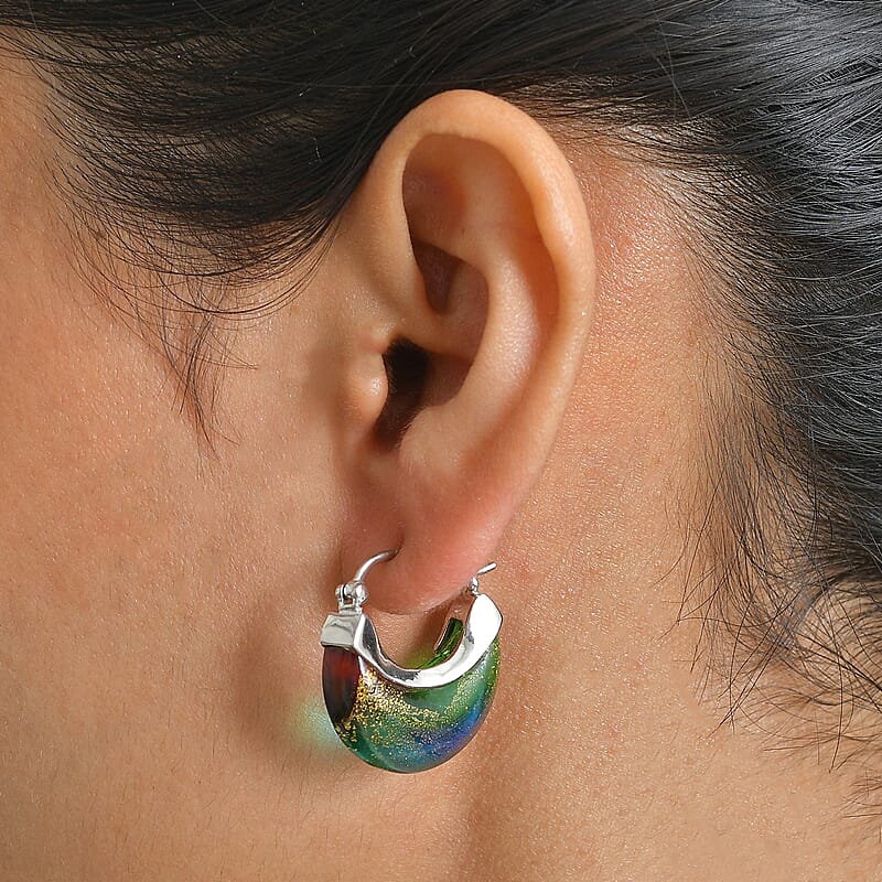 D'Joy Multi Murano Style Cresent Moon Earrings in Rhodium Over Sterling Silver