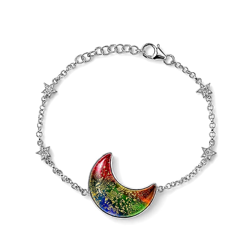 D'Joy Multi Murano Style and White Zircon 0.20 ctw Bracelet in Rhodium Over Sterling Silver (6.50 In)