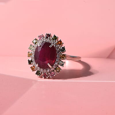 D'Joy Niassa Ruby (FF) and Multi Gemstone 7.00 ctw Ring in Rhodium Over Sterling Silver (Size 6.0)