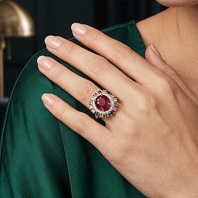 D'Joy Niassa Ruby (FF) and Multi Gemstone 7.00 ctw Ring in Rhodium Over Sterling Silver (Size 6.0)