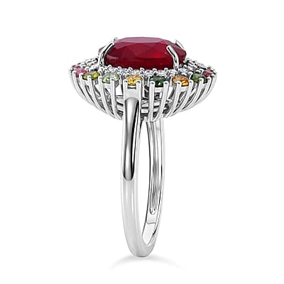 D'Joy Niassa Ruby (FF) and Multi Gemstone 7.00 ctw Ring in Rhodium Over Sterling Silver (Size 6.0)