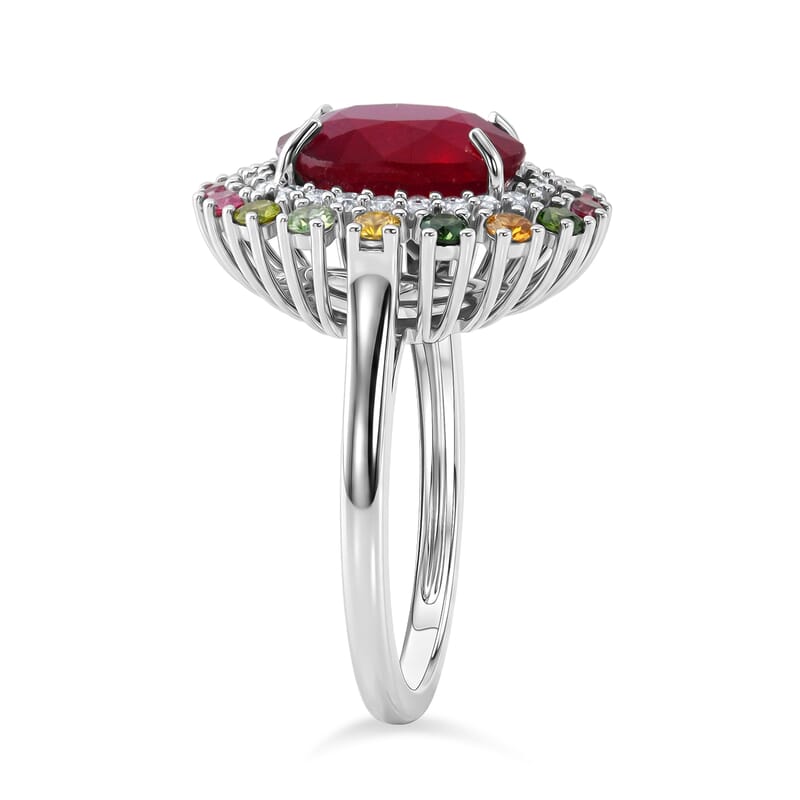 D'Joy Niassa Ruby (FF) and Multi Gemstone 7.00 ctw Carnival Crown Ring in Rhodium Over Sterling Silver (Size 6.0)
