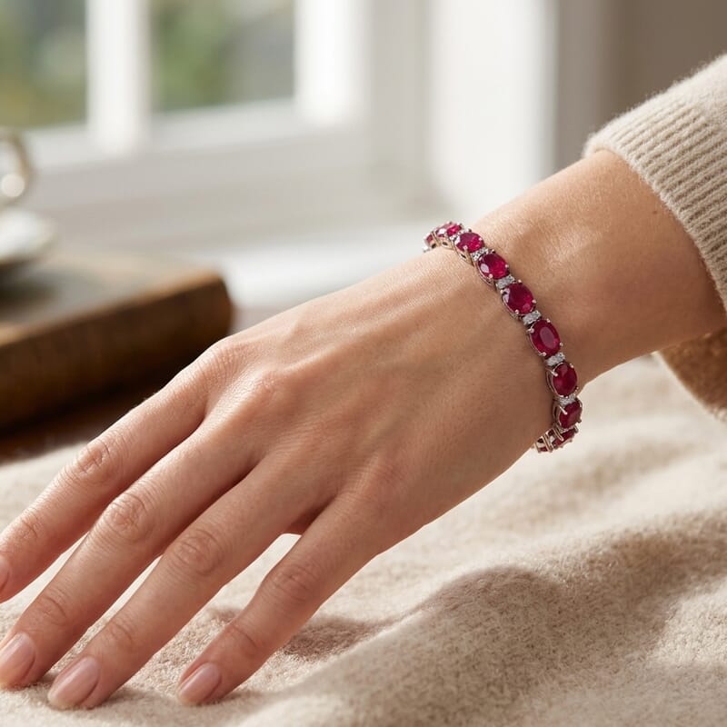 D'Joy Premium Niassa Ruby (FF) and Moissanite 20.75 ctw Imperial Lineage Bracelet in Rhodium Over Sterling Silver (6.50 In)