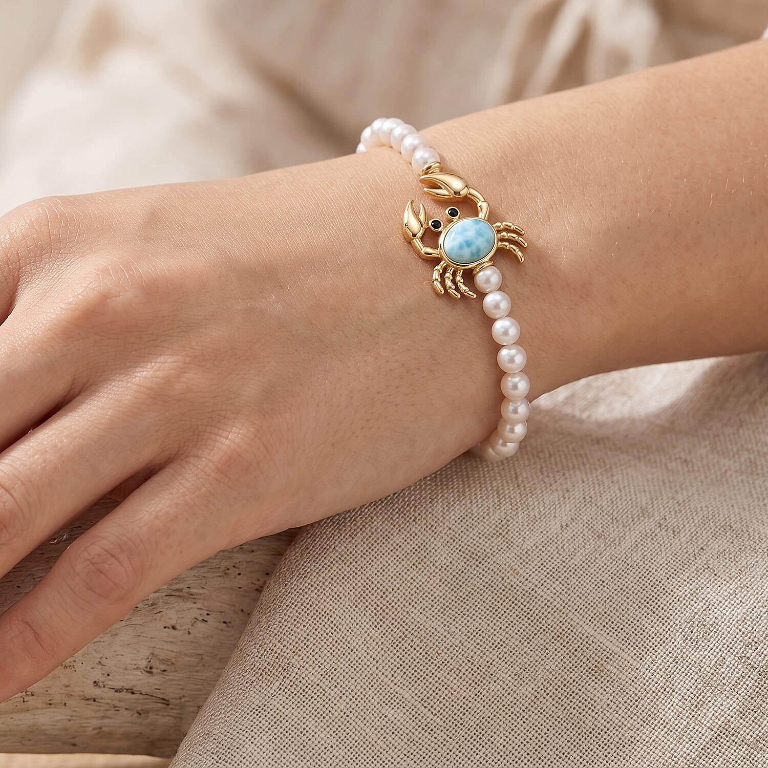 GP Trionfo Collection AAA Larimar and Multi Gemstone 2.35 ctw Crab Bracelet in 18K Vermeil Yellow Gold Over Sterling Silver (7.25 In)