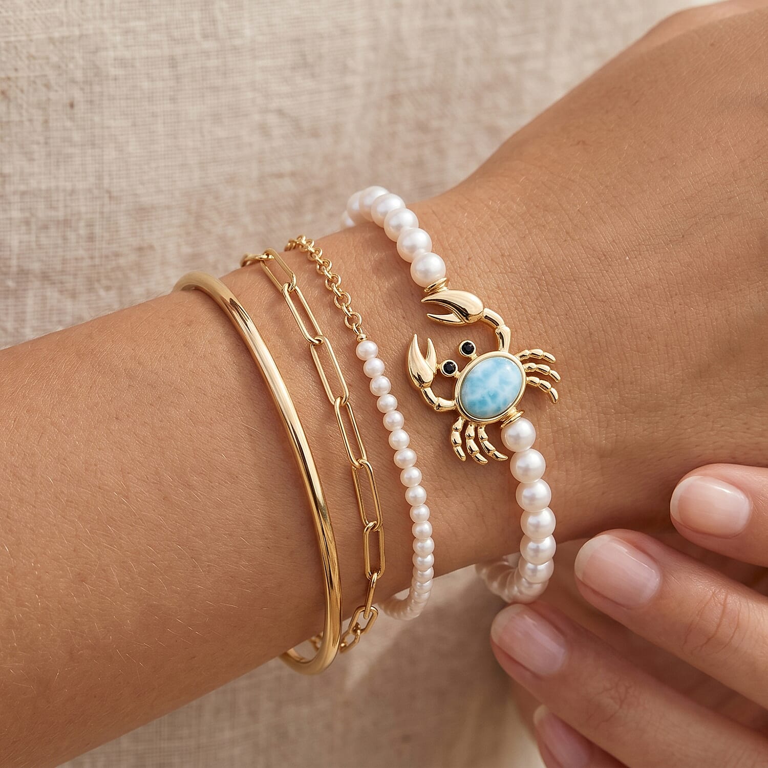 GP Trionfo Collection AAA Larimar and Multi Gemstone 2.35 ctw Crab Bracelet in 18K Vermeil Yellow Gold Over Sterling Silver (7.25 In)