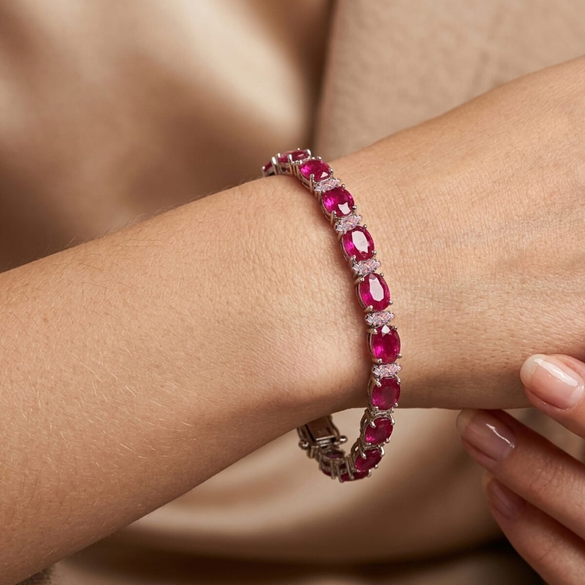 D'Joy Premium Niassa Ruby (FF) and Moissanite 22.00 ctw Imperial Lineage Bracelet in Rhodium Over Sterling Silver (7.25 In) image number 1