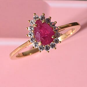 D'Joy Niassa Ruby (FF) and White Zircon 1.35 ctw Crimson Dew Ring in 14K Yellow Gold Over Sterling Silver (Size 10.0)