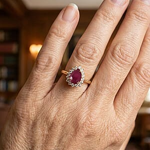 D'Joy Niassa Ruby (FF) and White Zircon 1.35 ctw Crimson Dew Ring in 14K Yellow Gold Over Sterling Silver (Size 10.0)