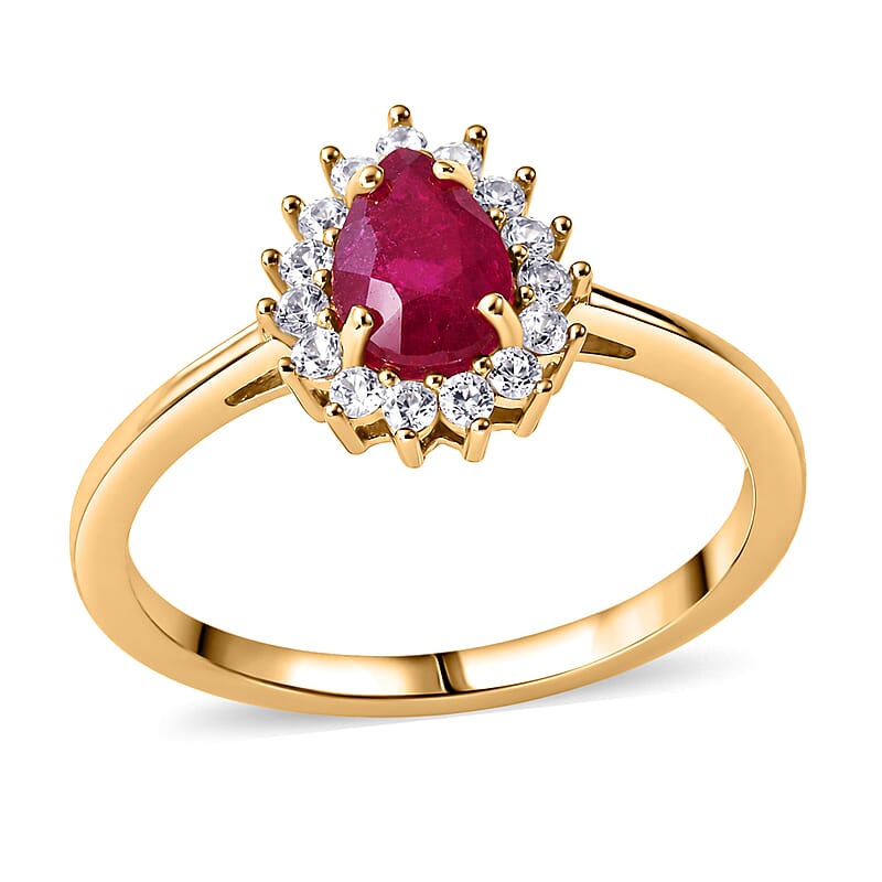 D'Joy Niassa Ruby (FF) and White Zircon 1.35 ctw Crimson Dew Ring in 14K Yellow Gold Over Sterling Silver (Size 5.0)