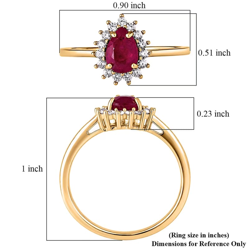D'Joy Niassa Ruby (FF) and White Zircon 1.35 ctw Crimson Dew Ring in 14K Yellow Gold Over Sterling Silver (Size 7.0)