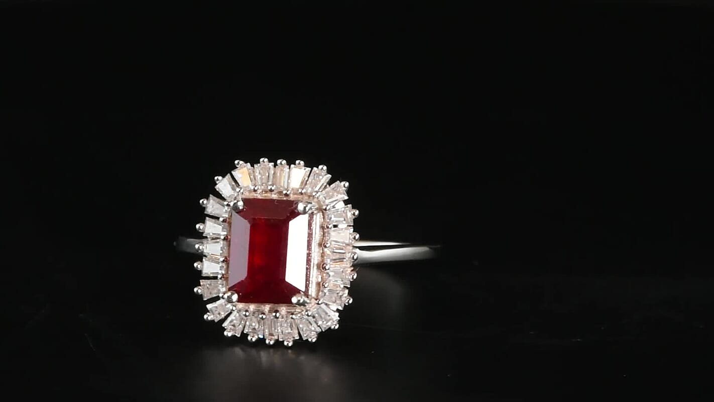 D'Joy Niassa Ruby (FF), Moissanite Imperial Frame Ring in Rhodium Over Sterling Silver (Size 10) 3.10 ctw 8631636