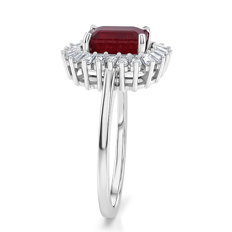 D'Joy Niassa Ruby (FF) and Moissanite 3.10 ctw Imperial Frame Ring in Rhodium Over Sterling Silver (Size 7.0)