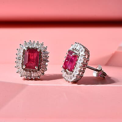 D'Joy Niassa Ruby (FF) and Moissanite 4.30 ctw Imperial Frame Earrings in 18K Vermeil Yellow Gold Over Sterling Silver