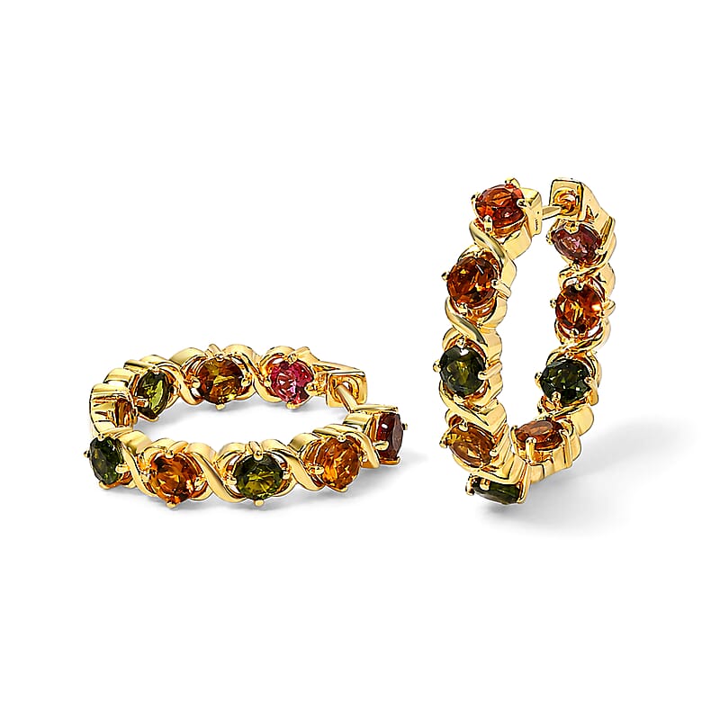 D'Joy Premium Multi-Tourmaline 6.20 ctw XOXO Hoop Earrings in 18K Vermeil Yellow Gold Over Sterling Silver
