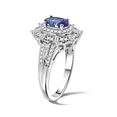 D'Joy Premium Tanzanite and Moissanite 1.75 ctw Celestial Halo Ring in Rhodium Over Sterling Silver (Size 6.0)