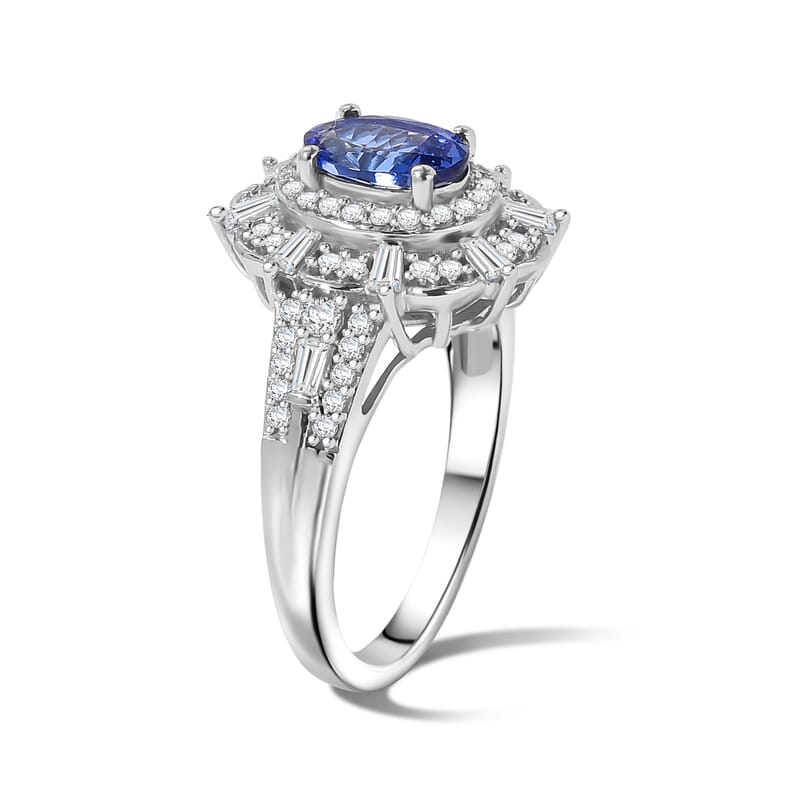 D'Joy Premium Tanzanite and Moissanite 1.75 ctw Celestial Halo Ring in Rhodium Over Sterling Silver (Size 6.0)