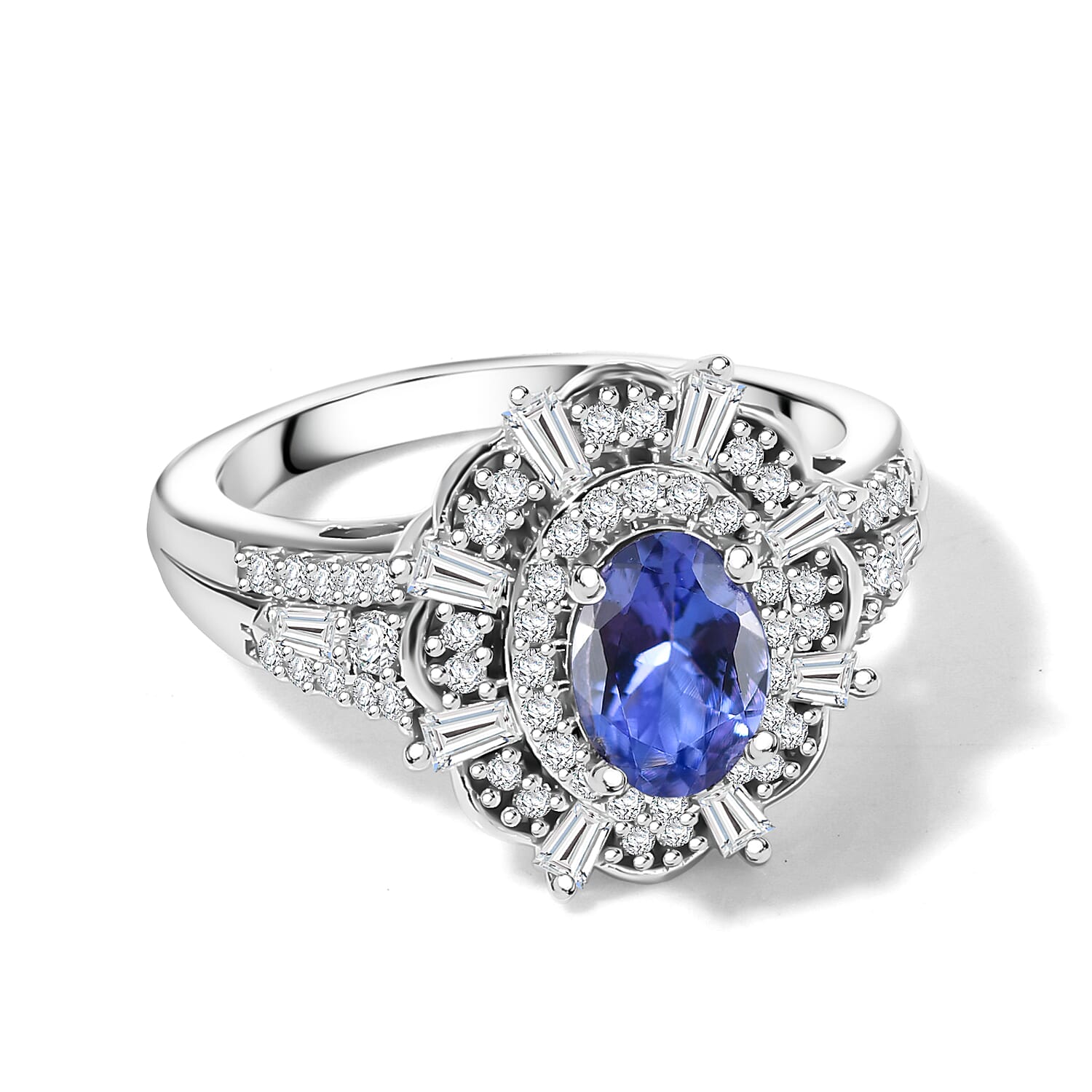 D'Joy Premium Tanzanite and Moissanite 1.75 ctw Ring in Rhodium Over Sterling Silver (Size 7.0)