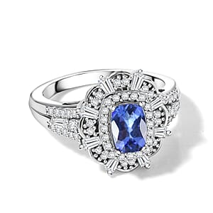 D'Joy Premium Tanzanite and Moissanite 1.85 ctw Ring in Rhodium Over Sterling Silver (Size 7.0)