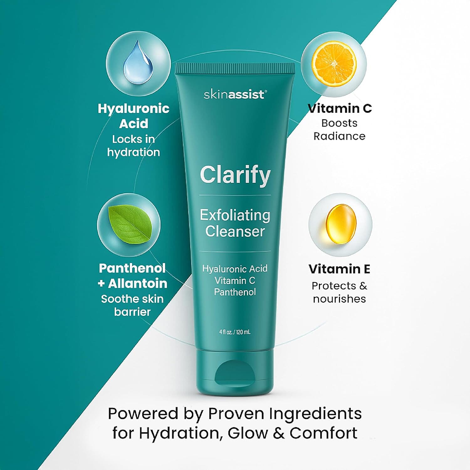 Skinassist Clarify Hydrating Exfoliating Cleanser with Hyaluronic Acid, Vitamin C, & Panthenol (4oz)