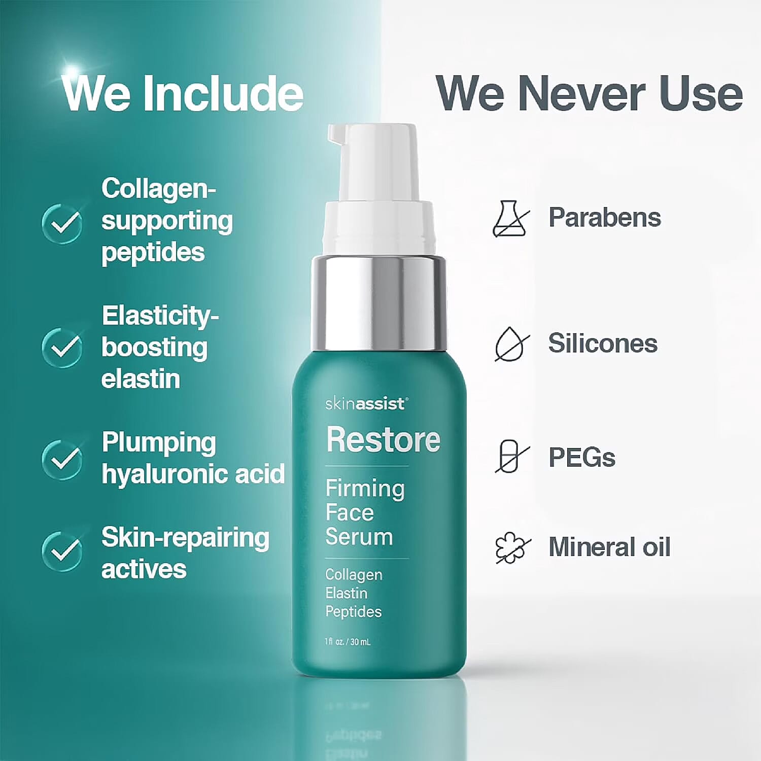 Skinassist Restore Firming Face Serum with Collagen Elastin Peptides (1oz)