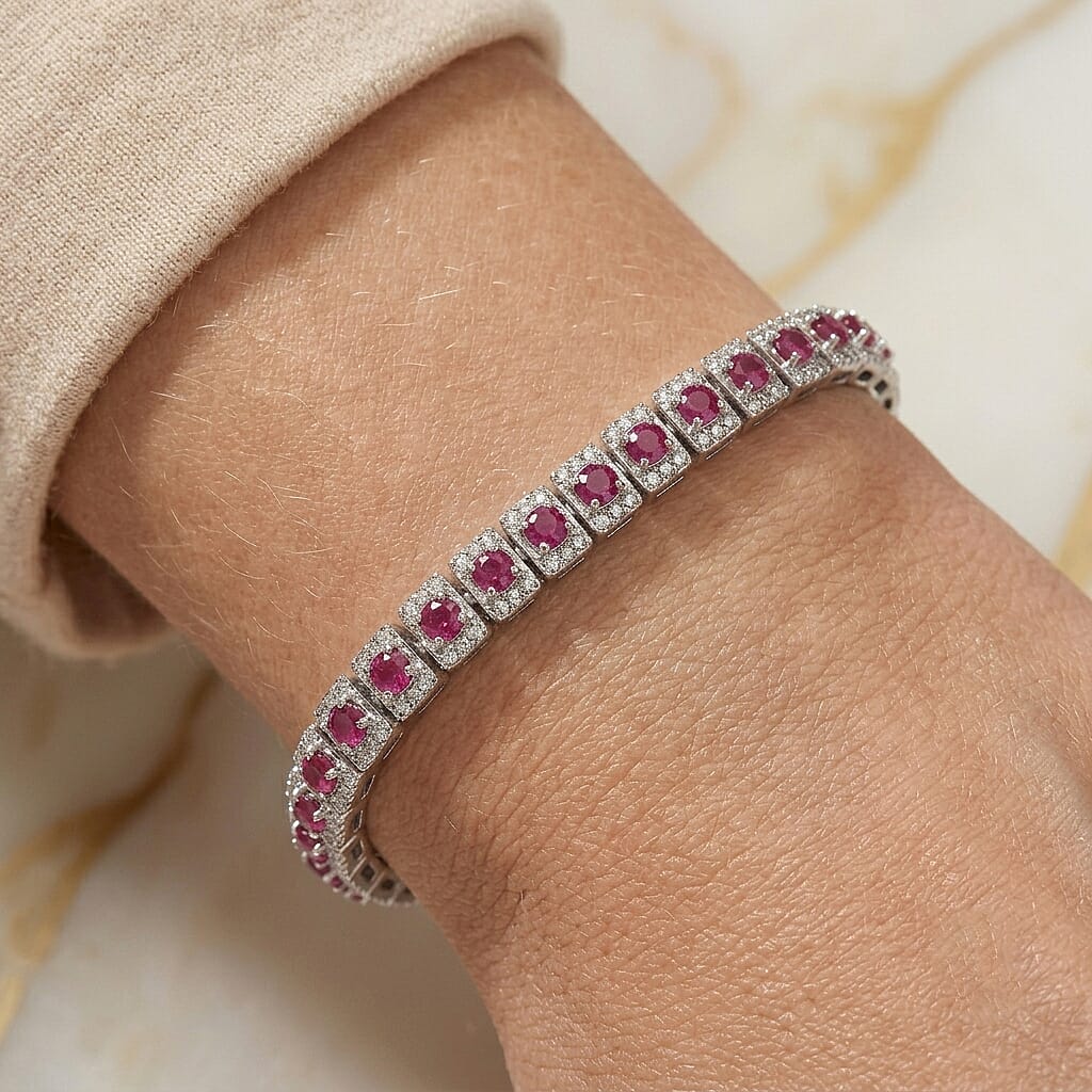 GP Trionfo Collection Niassa Ruby (FF) and Multi Gemstone 11.40 ctw Bracelet in Rhodium Over Sterling Silver (6.50 In)