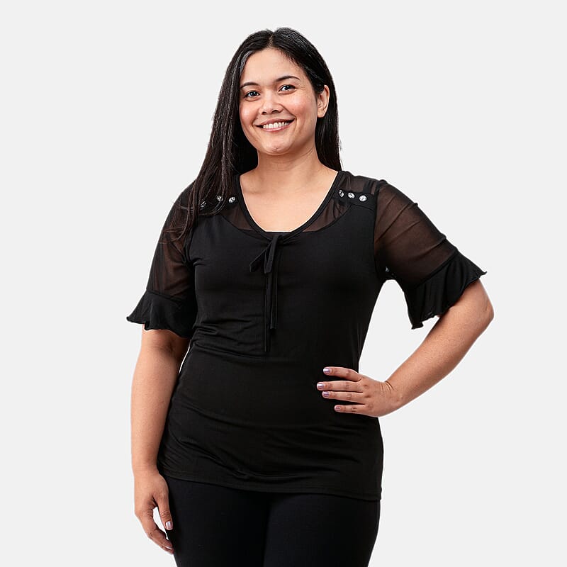 Daily Line Black Rhinestone Trim Top-L