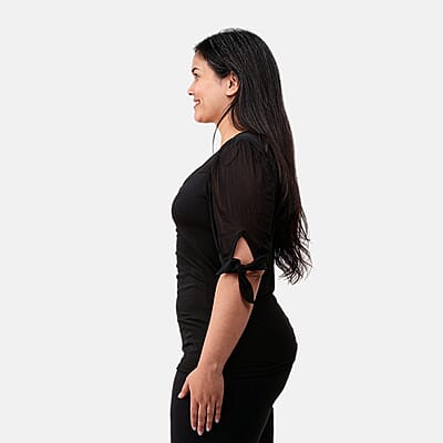 DAILY LINE  Black Blouse with Cut out Chest and mesh Sleeve with ties-L