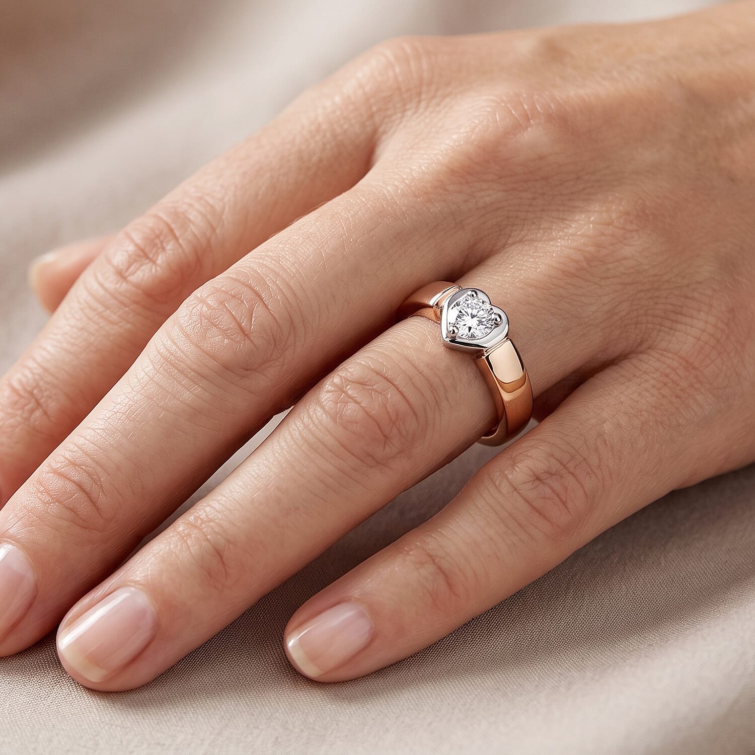 Luxuriant Lab Grown Diamond G-H SI 0.20 ctw Heart Ring in 18K Vermeil Rose Gold and Rhodium Over Sterling Silver (Size 5.0)