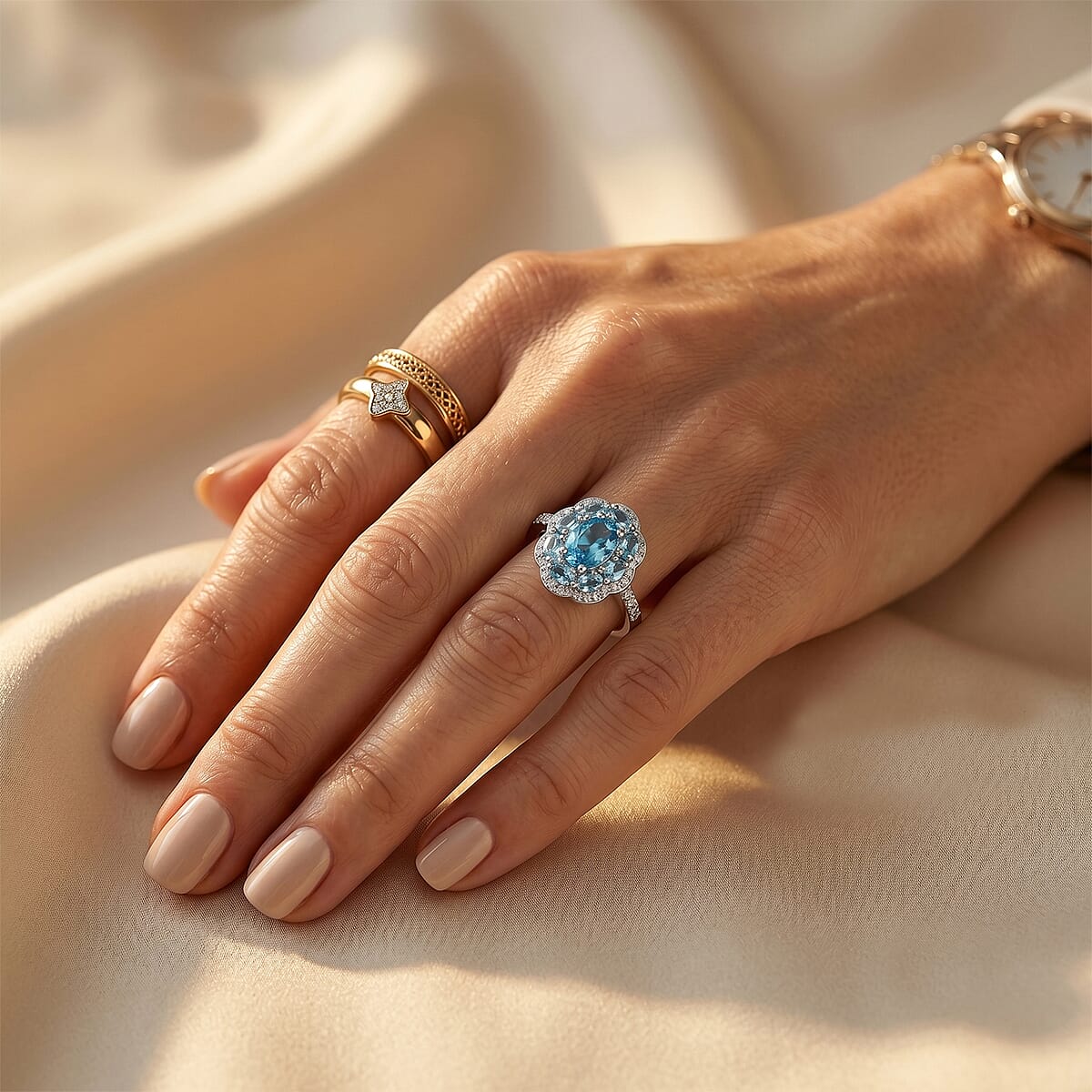 D'Joy Premium Betroka Blue Apatite and Moissanite 1.90 ctw Sea Royale Ring in Rhodium Over Sterling Silver (Size 10.0) image number 2