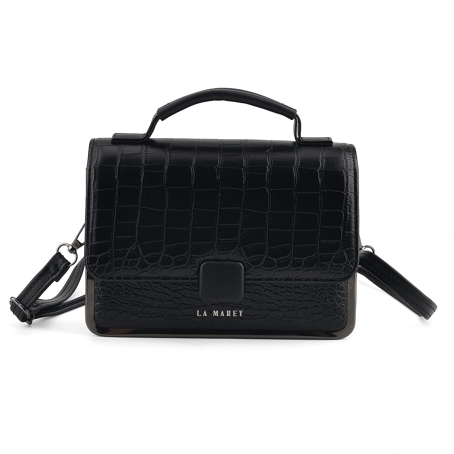 La Marey Black Crocodile Pattern Faux Leather Phone Bag with Shoulder Strap