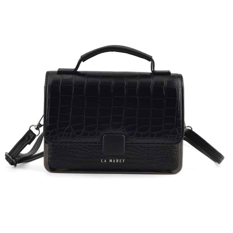 La Marey Black Crocodile Pattern Faux Leather Phone Bag with Shoulder Strap