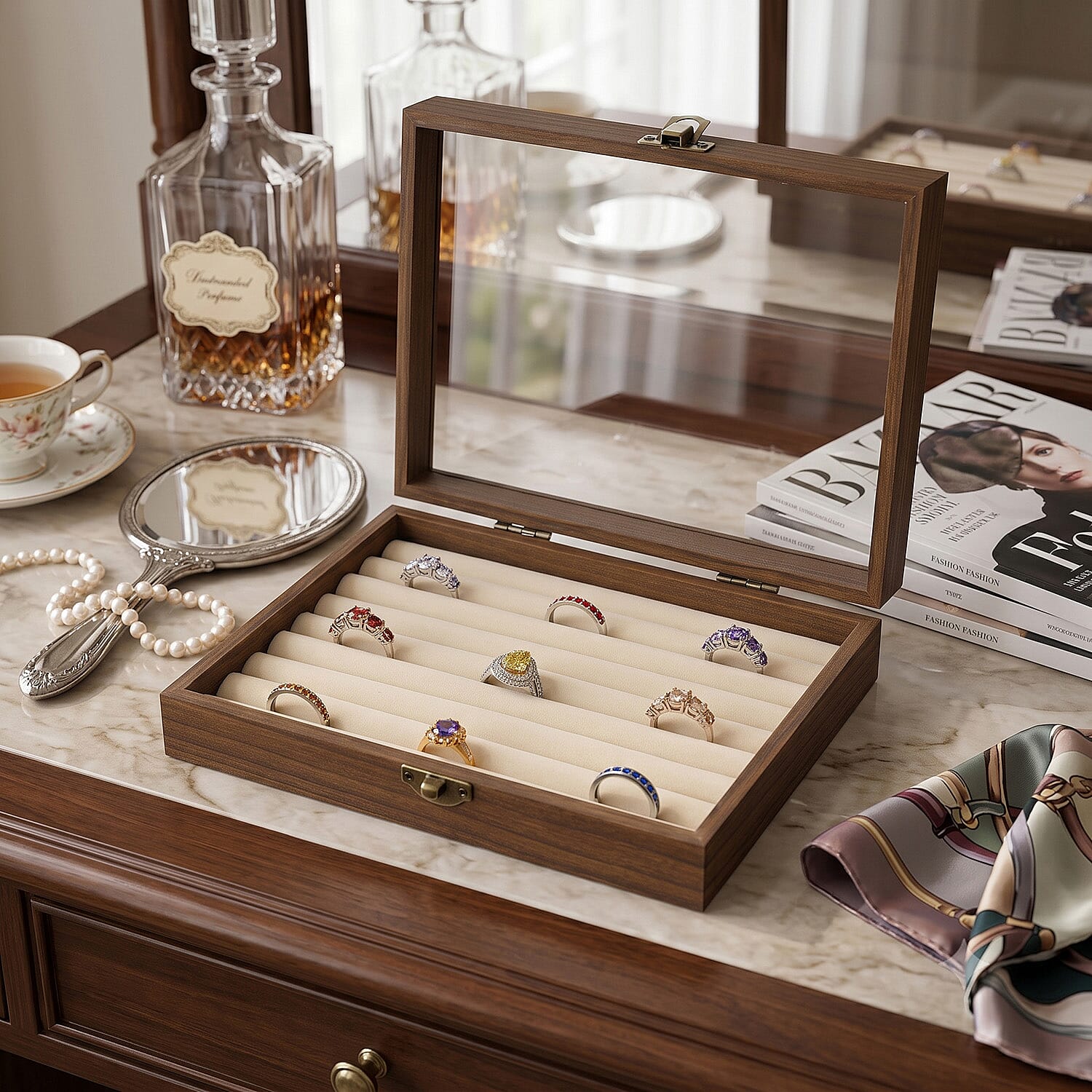 Livmore Cream Wood Box with Glass Window Jewelry Box with Ring Box (7.87x5.9x2)