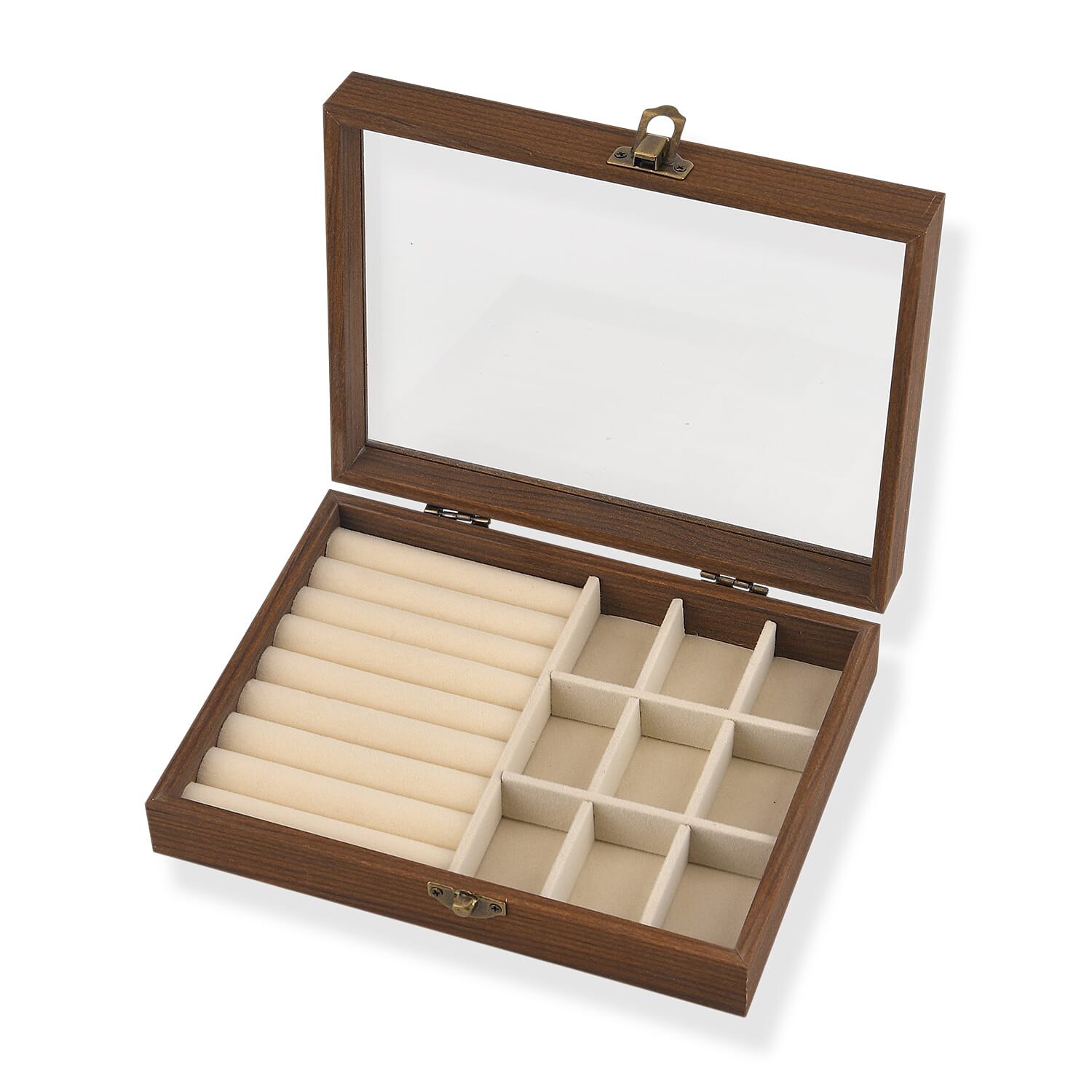 Livmore Cream Wood Box with Glass Window Jewelry Box (Ring, 9 Section)