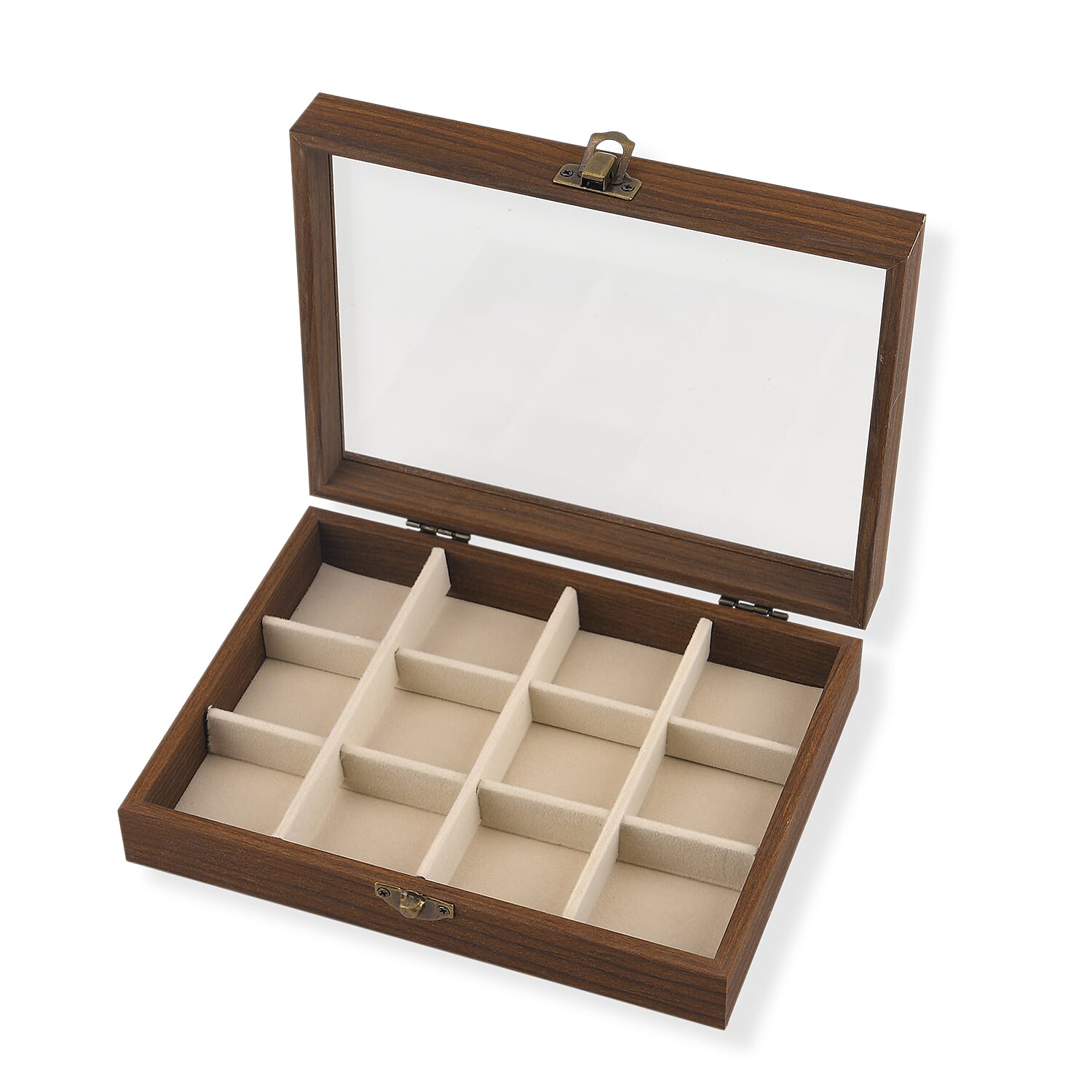 Livmore Cream Wood Box with Glass Window Jewelry Box with 12 Section