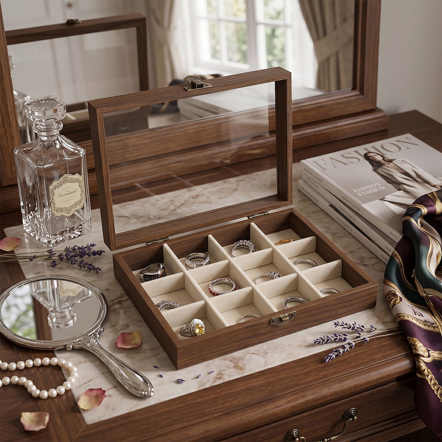 Livmore Cream Wood Box with Glass Window Jewelry Box with 12 Section