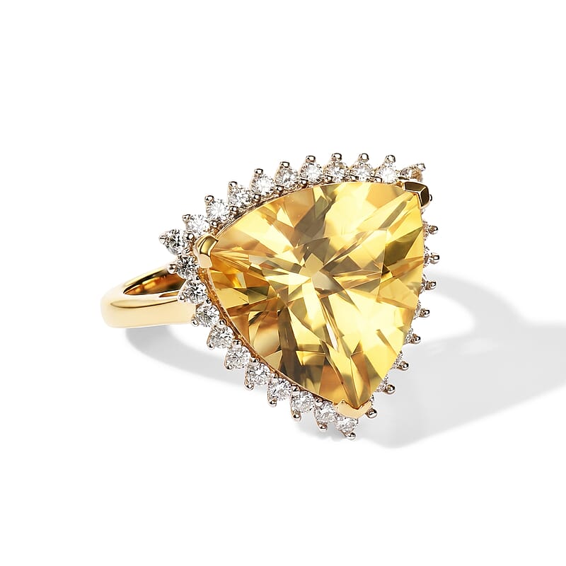 D'Joy Yellow Labradorite and Moissanite 8.15 ctw Golden Trillion Halo Ring in 18K Vermeil Yellow Gold Over Sterling Silver (Size 7.0)