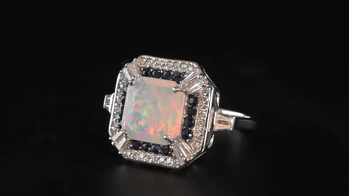 D'Joy Asscher Cut Premium Ethiopian Welo Opal, Multi Gemstone Ring in Rhodium Over Sterling Silver (Size 10.0) 4.00 ctw