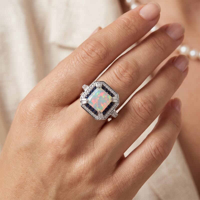 D'Joy Asscher Cut Premium Ethiopian Welo Opal and Multi Gemstone 4.00 ctw Royal Defence Ring in Rhodium Over Sterling Silver (Size 6.0)