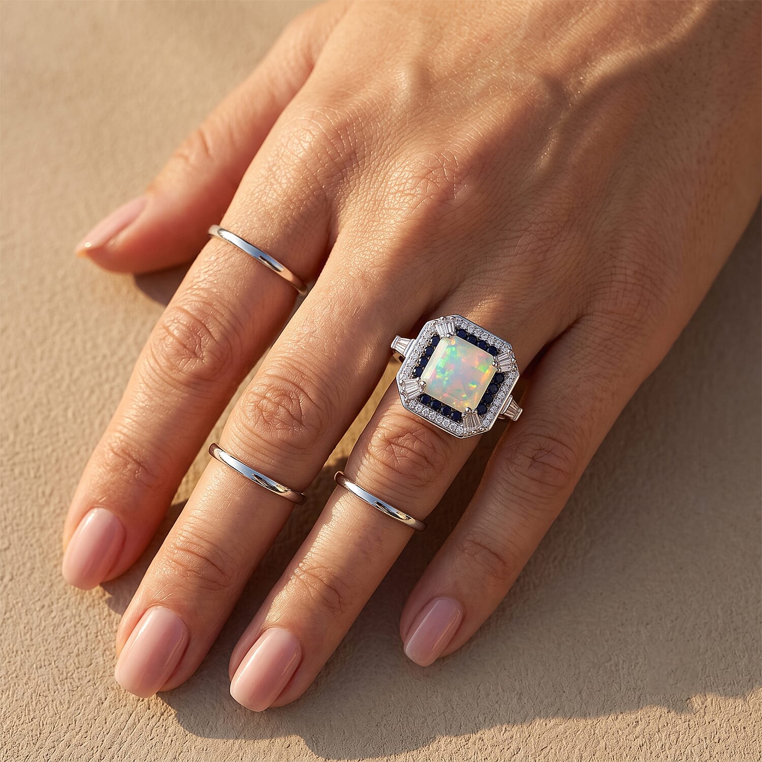 D'Joy Asscher Cut Premium Ethiopian Welo Opal and Multi Gemstone 4.00 ctw Royal Defence Ring in Rhodium Over Sterling Silver (Size 6.0)