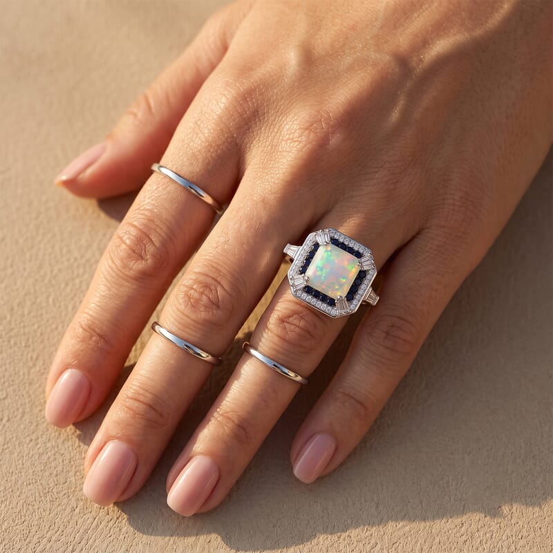 D'Joy Asscher Cut Premium Ethiopian Welo Opal and Multi Gemstone 4.00 ctw Royal Defence Ring in Rhodium Over Sterling Silver (Size 6.0)