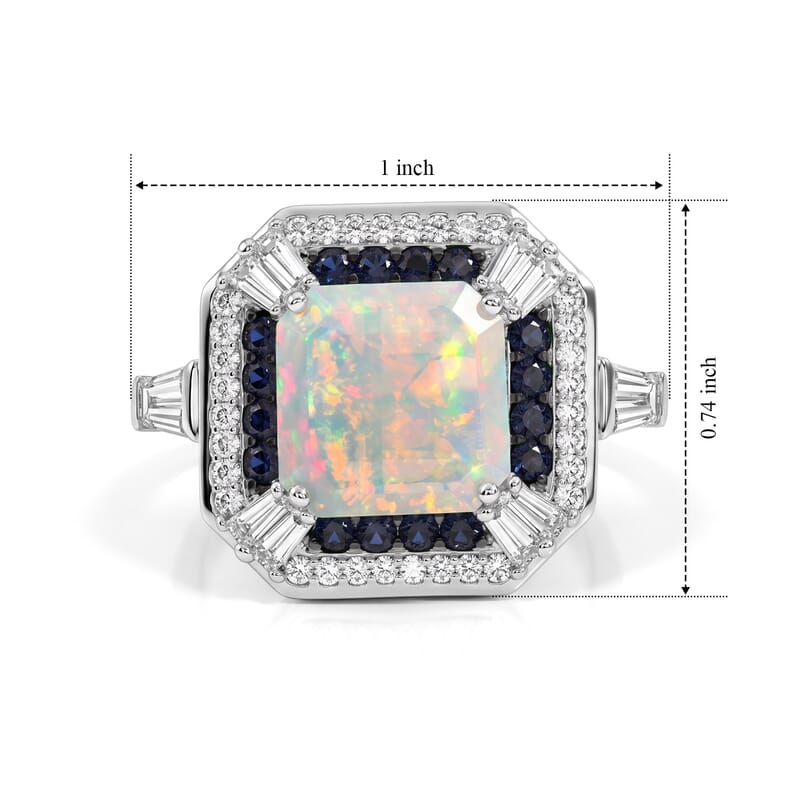 D'Joy Asscher Cut Premium Ethiopian Welo Opal and Multi Gemstone 4.00 ctw Royal Defence Ring in Rhodium Over Sterling Silver (Size 6.0)