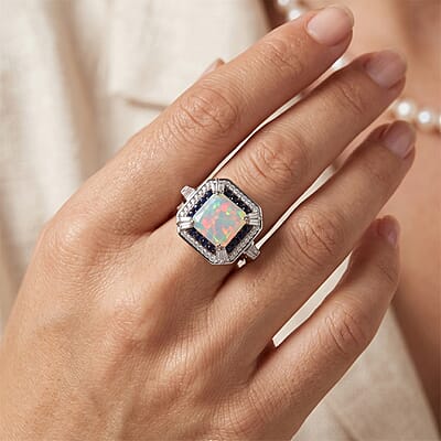 D'Joy Asscher Cut Premium Ethiopian Welo Opal and Multi Gemstone 4.00 ctw Ring in Rhodium Over Sterling Silver (Size 8.0)