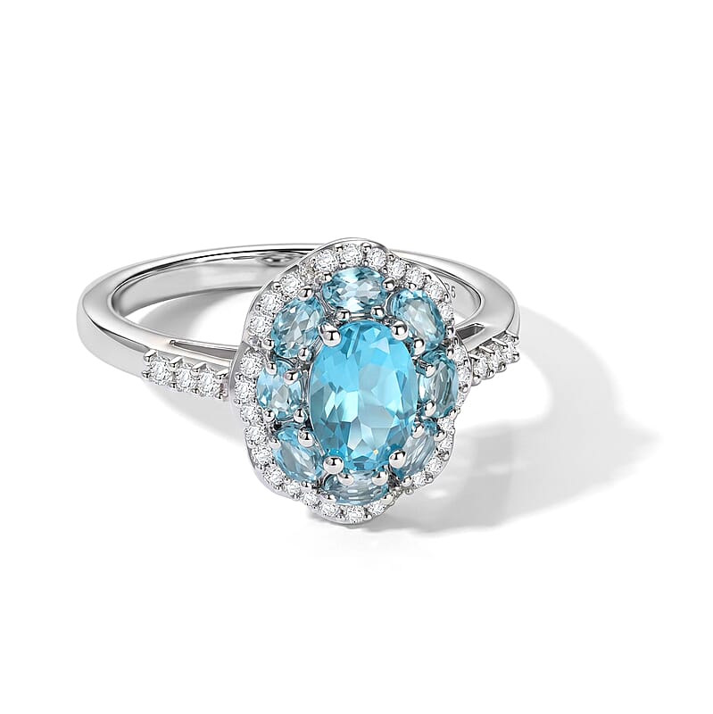 D'Joy Premium Betroka Blue Apatite and Moissanite 1.90 ctw Sea Royale Ring in Rhodium Over Sterling Silver (Size 5.0)