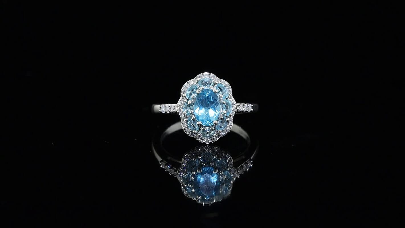 D'Joy Premium Betroka Blue Apatite, Moissanite Ring in Rhodium Over Sterling Silver (Size 10.0) 1.90 ctw