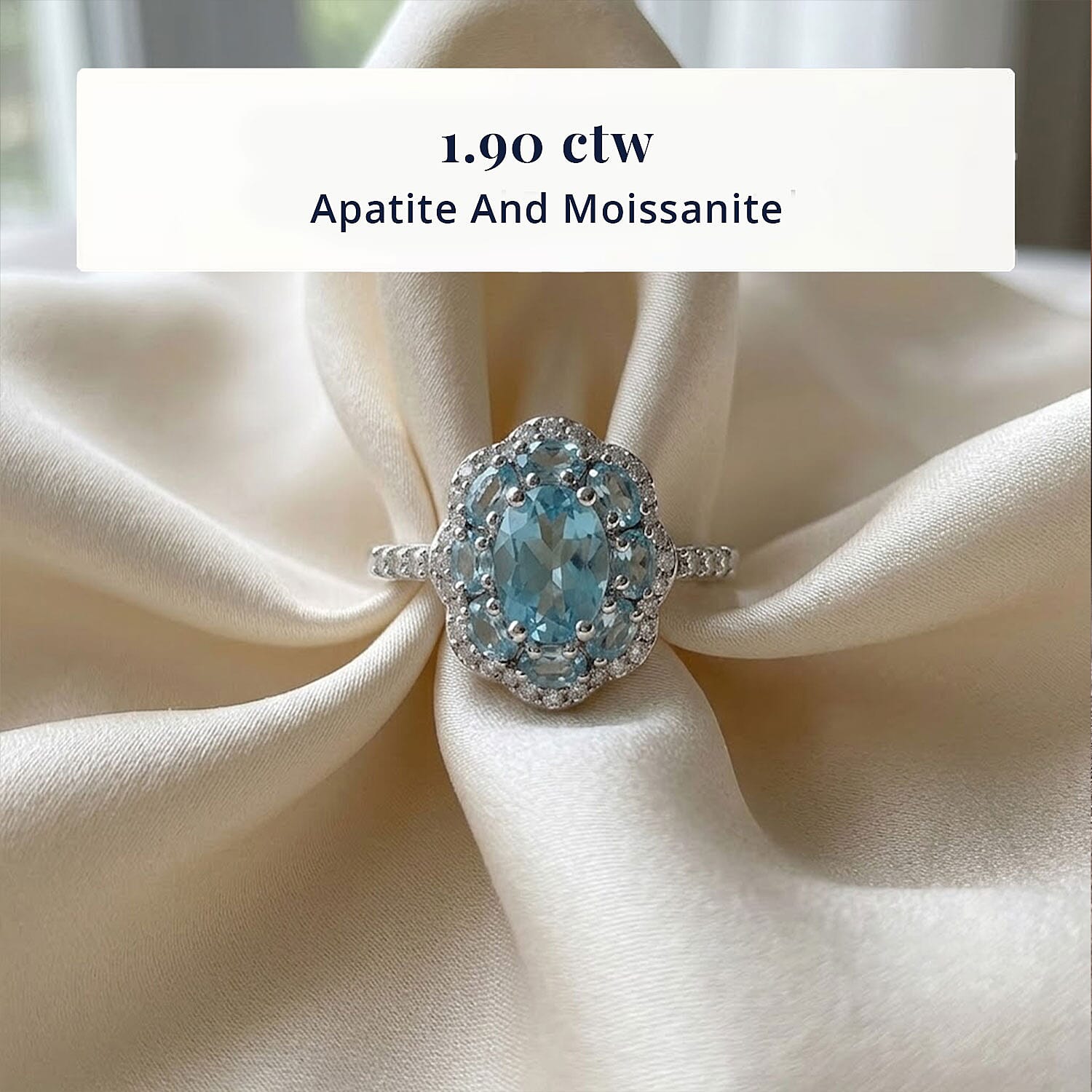 D'Joy Premium Paraiba Apatite and Moissanite 1.90 ctw Sea Royale Ring in Rhodium Over Sterling Silver (Size 6.0)